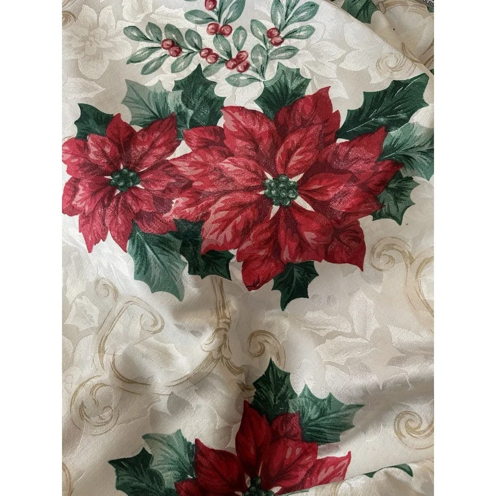 Vintage Christmas Tablecloth 59 X 83 Damask Red Poinsettia Green Holly White